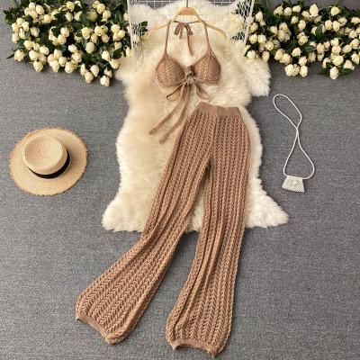 China Summer QUICK DRY Clothing For Woman Sexy Bikini Strap Neck Hollow Knit Two Piece Sets Bra&Trousers Crochet Beach Gaiters Womens Pants for sale