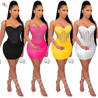 China 2021 New Arrival Summer Women's Bodycon Party Vestidos Largo Sleeveless Rhinestone See Through Ladies Anti-wrinkle Diamond Mini Evening Dresses for sale