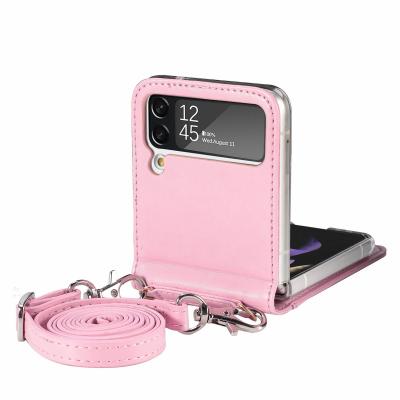 China Shockproof Embossing Leather Case With Cross - Body Lanyard Cell Phone PU Leather Case For Samsung Galaxy Z Flip 3 for sale