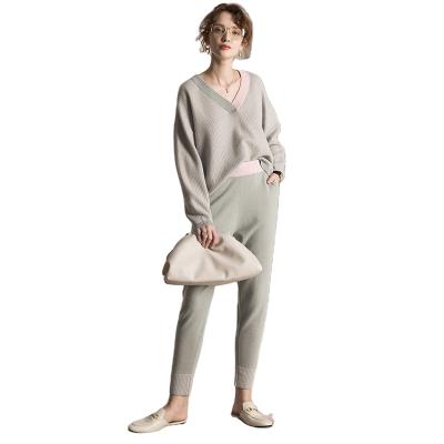 China Soft Casual Cashmere Anti-pilling Knitted V-Neck Sweater Harem Pants Suit for sale