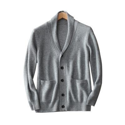 China Derong Anti-Pilling Patch Pockets Men Single Breasted Cardigan Sweater 100% Pure Wool Cashmere for sale