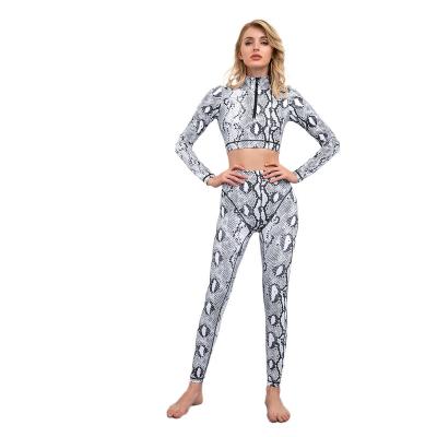 China Wholesale Breathable Women Snake Print Long Sleeve Zipper Shirt Activewear Yoga And Leggings Print Two Piece Set Gym Animal Clothing for sale