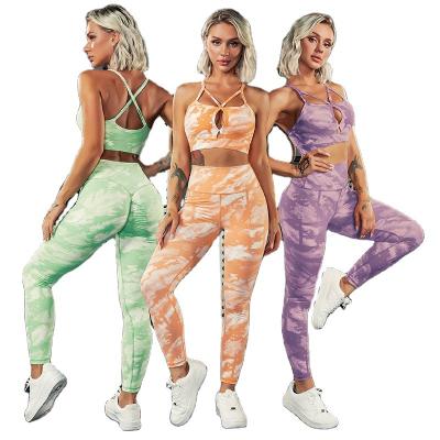 China The camouflage print breathable faded cavity out of the energy bra butt tie dye crack! crack! having many floors line up yoga crac! crack! Bum Gaiter Leggings 2 Piece Set for sale