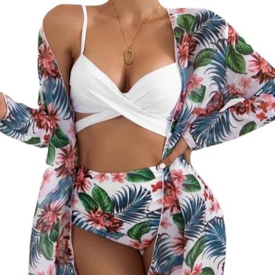 China New Hot Sale Sexy Breathable Floral Print Swimwear Bikini With 3 Pieces Mesh Cover Up Dress Yellow Quick Dry Swimwear For Women for sale