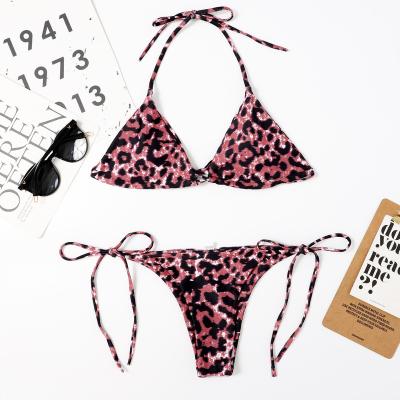 China Breathable Private Label Women's Leopard Print Floral Halter Padded Triangle Tie Top Side Triangle Bottom Bikini Set Two Piece Swimwear for sale