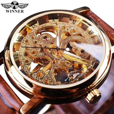 China Brown Top Brand Transparent Gold Leather Strap Chronograph 2023WINNER 358-5 Luxury Mechanical Skeleton Watches for sale