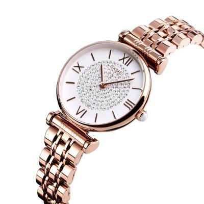 China SKMEI New Design 3 Atm OEM Lady Elegant Quartz Stainless Steel Luxury Back Water Resistant Diamond Quartz Wristwatch for sale