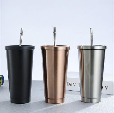 China New Fashion 500ml/750ml Disposable Straw With Lid Stainless Steel Coffee Cup Iron Double-Layer Thermos Cup for sale