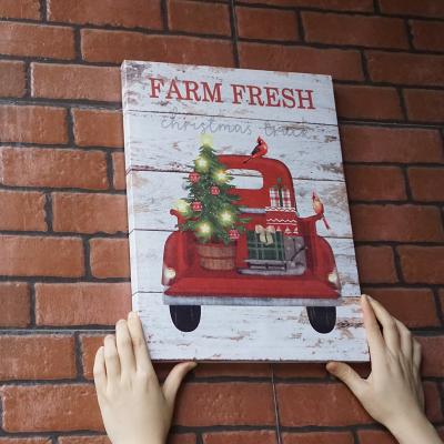 China CLASSIC Christmas Truck Red Farm LED Lights Canvas Wall Art with Timer for Home Decor 3 Panel Sets for sale