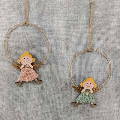 China Wooden Wall Art Christmas Tree Decor Europe Christmas Angel Christmas Ornaments Hanging Pendant with Metal Circle for sale