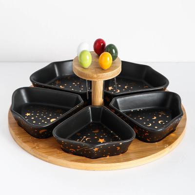 China Sustainable Modern Tableware Snack Dish Black Dlower Shape Dry Fruit Dish Decoration Divided Ceramic Bomb Dishes With Tray for sale