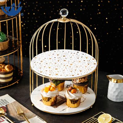 China Viable Luxury Tray White Serving Huada Ceramic Cupcake Stand 2 Tiers Birdcage Cake Stand Cake Stand For Wedding Party for sale