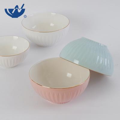 China New 5 Inch Sustainable Bone Embossed White Ceramic Soup Porcelain Bowl With Gold Trim for sale