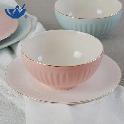 China Viable Custom Logo Restaurant 5Inch Color Glaze Embossed New Bone China Bowl Ceramic Rice Bowl for sale