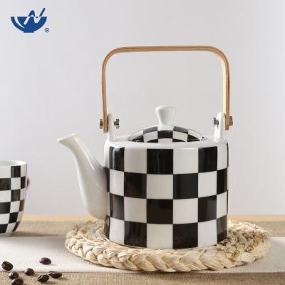 China Viable European Style Checkerboard Grid Teaware Ceramic Teapot And Cup Set Black And White Teapot for sale