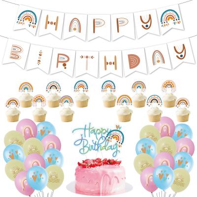 China Birthday Bohemian Rainbow Bohemian Pull Flag Cake Waist Card Balloon Combination Birthday Party Decoration Set for sale