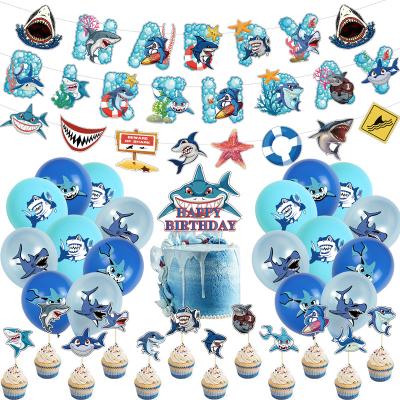 China Birthday Wedding Baby Party Decoration Shark Theme Birthday Party Cake Pull Flag House Number Balloon Mask Photo Props Set for sale