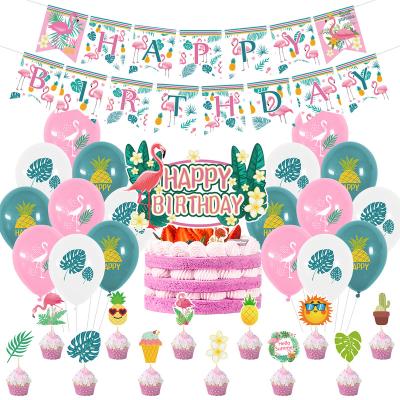 China Birthday Wedding Baby Party Decoration Flamingo Theme Children's Birthday Party Pull Flag Cake Flag Card Paper Fan Balloon Set for sale