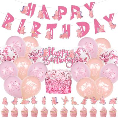 China Birthday Wedding Baby Party Decoration Pink Dinosaur Girl Birthday Party Pull Flag Balloon Honeycomb Ornament Invitation Card Decoration Set for sale