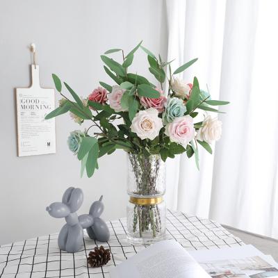 China Realistic Home Artificial Simple Rose Wedding Flower Vase Decoration 5 Color Artificial Silk Decorative Flowers for sale