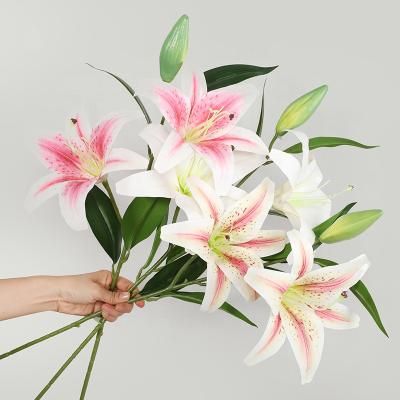 China Yiwu Natural Factory Wholesale Artificial Touch 3D Printing 3 Head Lily Bouquet Home Wedding Decoration Artificial Real Touch Lily for sale