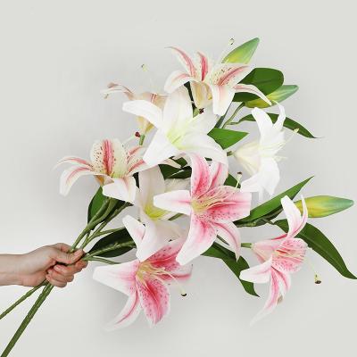 China 2020 New Style Realistic 3D Printing Artificial 4 Head Feel Artificial Touch Decoration Wedding Hotel Lily Silk Flowers for sale