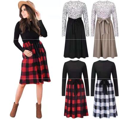 China Wholesale Breathable Plaid Print Leopard Print Crew Neck Winter Dress Women Lace Up Long Sleeves Knitting Dress for sale