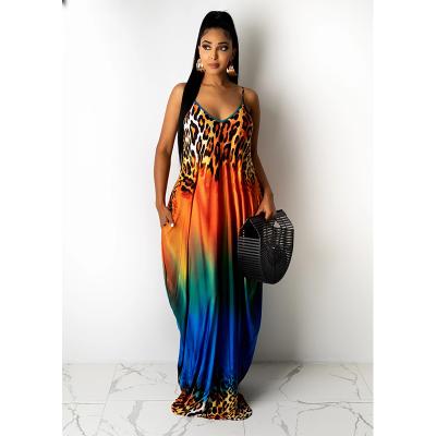 China Wholesale Price New Arrival Summer Fashion Strap Dress Breathable Leopard Color Printing Splicing Loose Women's Long Dress for sale