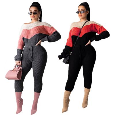 China Wholesale Winter Women Fashion Casual Hot Sale Color Block Crew Neck Sweater And Long Drawstring Pants 2 Piece Set for sale