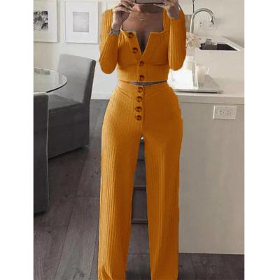 China Breathable Women's Two Piece Pants Sets Button Up Crop Tops Girl's Clothing Sets Women Fashion Solid Color Casual Loose Outfits for sale