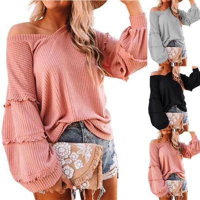 China Wholesale Breathable Women Shape Waffle Lantern Sleeves Ruffle V Neck Pullover Loose Long Sleeves Tops for sale