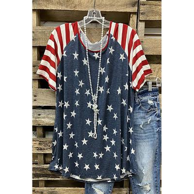 China Wholesale Price Fashion Breathable Star Stripe Splicing Loose Casual T-shirt Women Top O-neck Top Short Sleeve Tee for sale