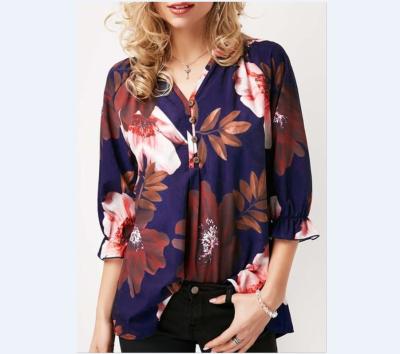 China Wholesale Breathable Autumn Hot Selling Women New Fashion Three Quarter Sleeve Floral Print V-Neck Chiffon Casual Loose Top for sale