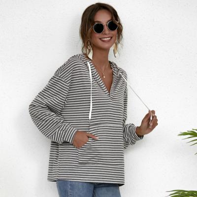 China Viable Hot Selling Teen Girls Clothing Striped V-neck Long Sleeve With Pockets Designed For Women's Autumn Loose Casual Tops for sale