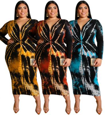 China Wholesale 5XL Breathable Deep V Neck Long Sleeve Plus Size Afirica Style Midi Dress Tie Dye Floor Length Deep V Neck Stripe Afghani Dress for sale