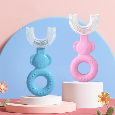 China U-shaped silicone stiffens 360 degree food grade silicone toothbrush cute animal shape kids toothbrush for sale