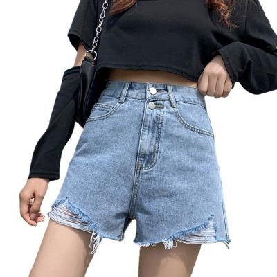 China 2021New style breathable ripped denim shorts women's summer wear high-waisted wide-leg hot pants raw edge a-line slim pants for sale