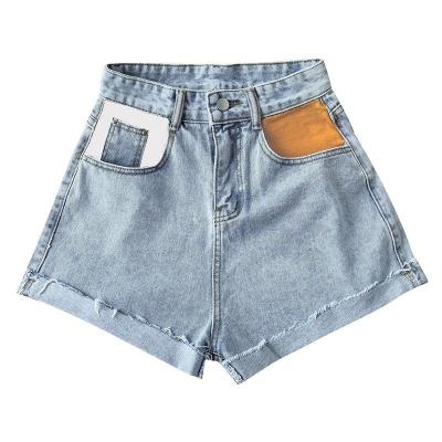 China High waist breathable Korean denim shorts women loose and slightly show 2021 new summer pocket edge contrast curved hot pants for sale