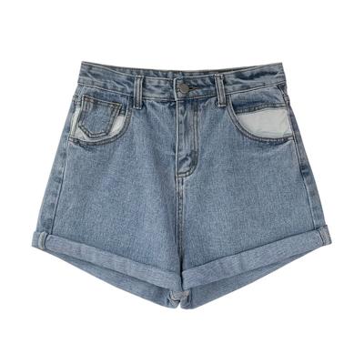 China High Waist Breathable Denim Shorts Summer 2021 New Color Women's Contrast Loose Pocket Student Wide Leg Flanging Hot Pants for sale