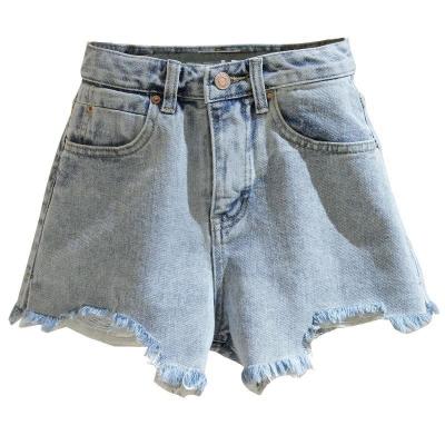 China Women's high waist exposure 2021 breathable light color denim shorts new slightly hundred summers wide leg pants edge hair ripped hole installation for sale