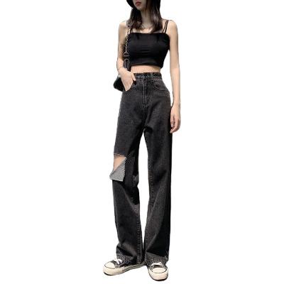 China Korean High Exposure Hole Waist Women's 2021 Wide Leg Pants Viable Wide Leg Pants Denim Loose Slim Loose Dooming Pants Summer New for sale