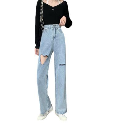 China New love hole viable ripped jeans women's high waist show thin heart straight pants and soft floor dragging long wide leg pants for sale