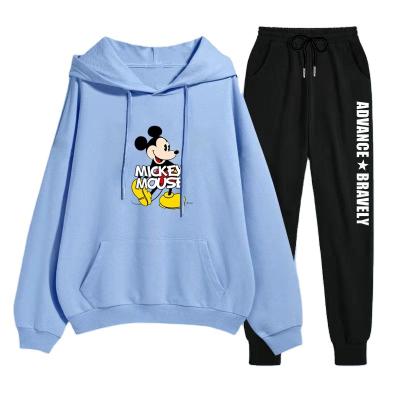 China Women Breathable Drawstring Sweat Hooded Sweatshirts Leisure Cartoon Two Piece Set Mickey Mouse Printing Loose Jogging Women's Tracksuit for sale