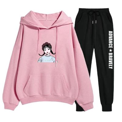 China Ladies Hooded Women's Two Piece Sets Tracksuit Autumn Cartoon Print Drawstring Outdoor Breathable Leisure Jogging Sportswear for sale