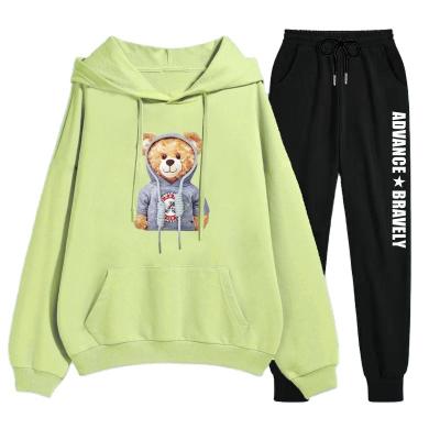 China Breathable 2 Piece Unisex Sweatsuit Set Women Jogging Cartoon Drawstring Print Suits Spring Leisure Ladies Hooded Tracksuit Wholesale for sale