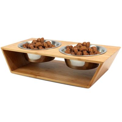 China Sustainable Raised Pet Bowls for Cats and Dogs, Bamboo Elevated Dog Cat Food and Water Bowls Stand Feeder with 2 Stainless Steel Bowls for sale