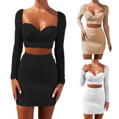 China Backless Bodycon Women's Bodycon Two Piece Set Anti-pilling Pleated V-Neck Top Sexy Skirt Sets Low Low Short Skirt Long Sleeve Cutout for sale