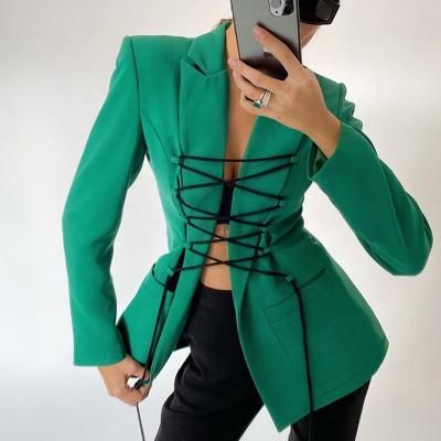 China Wholesale Causal Suit Anti-Wrinkle Long Sleeve Fashion Lace Up Sexy Bandage Woman V Neck Suit Blazers Jacket for sale