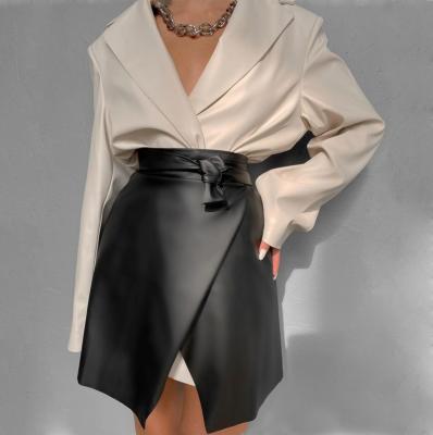 China Women Solid Color Mini Sexy High Waist Bodycon PU Shorts Breathable Mini Wrap Belt Slit Leather Skirts for sale