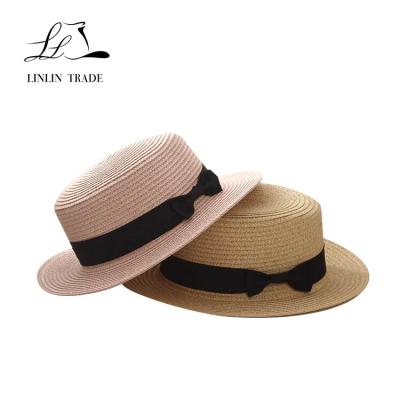 China Striped Check Straw Hats Women Sun Summer Beach Striped Paper Braided Hat With Bowknot Bucket Hat for sale